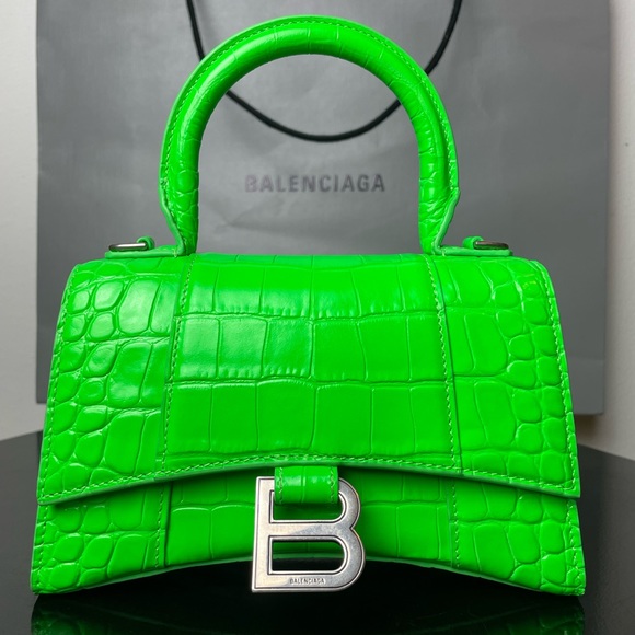 Balenciaga Handbags - Balenciaga Neon Green Hourglass XS Croc-Embossed Top Handle Bag
